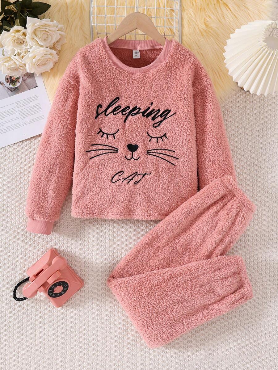Tween Girl 粉色简约毛绒动物猫图案刺绣长袖上衣和裤子睡衣套装，舒适温暖的家居服