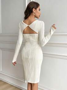 Modelyn Women's Sexy Solid Color Hollow-Out Fitted Dress, Spring/Fall - White - View 3