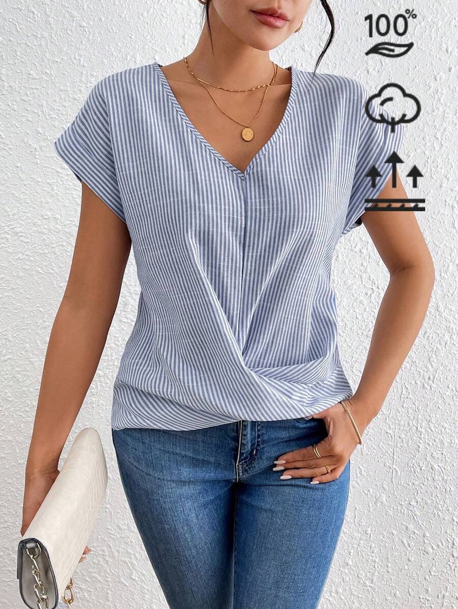 SHEIN Frenchy Women Blouses V-Neck Striped & Printed Twist Front Summer Short Sleeve Stripe  Old Money Outfits Shirt Gingham  Cotton
