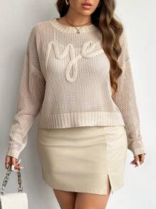 SHEIN Privé Plus Size Women Knitted Pullover Sweater, Fall Season, Apricot Color, Hollow Openwork Embroidered Design - Apricot - View 9