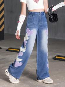WESTFADE Young Blugi din denim Tween Girl Heart & Butterfly Applique