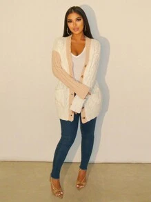 Zolique Ombre Twist Knot Front Button Down Long Sleeve Cardigan - White - View 3