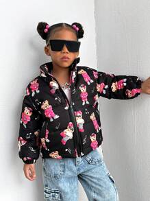 SHEIN Chaqueta de plumas con estampado de oso lindo para niñas, diseño adorable con estampado de oso de dibujos animados, colores ricos, amado por los niños, agrega un toque de diversión y moda, corte holgado para un uso cómodo y fácil de combinar, apropiado para actividades al aire libre en otoño e invierno