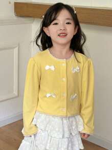 DAZY Young Girl Casual Round Neck Long Sleeve T-Shirt With Bow Decor, Autumn & Winter - Yellow - View 1