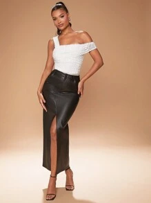 Hauture Asymmetric Neck Ruffle Sleeveless Flocking Bodysuit - White - View 2