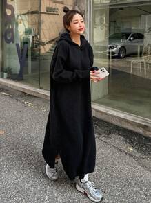 DAZY 女式纯色落肩长袖连帽超长毛衣连衣裙，秋冬 - 黑色 - 查看 3