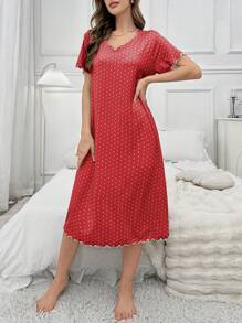 Floral Trim Polka Dot Allover Print Casual Sleepshirt, Daily Loungewear PerfectSummer - Burgundy - View 4