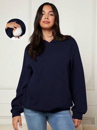 MaterniWear 孕妇纯色长袖袋鼠连帽哺乳运动衫，秋冬款，适合孕妇