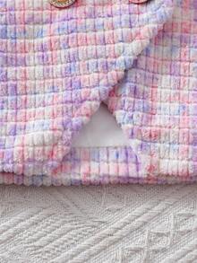 SHEIN 青少年女孩时尚法式优雅全印花双排扣长袖夹克和裙子两件套 - 粉色 - 查看 7