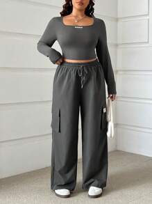 SHEIN EZwear 2pcs/Set Casual Gray T-Shirt And Cargo Pants For Plus Size, Spring Autumn - Grey - View 1