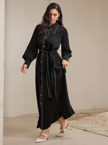 Veilorie 女士拼色饰边前纽扣系带优雅长袖连衣裙 - 黑與白 - 查看 5