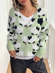 SHEIN LUNE كارديجان أكمام طويلة أمامي بأزرار بياقة على شكل حرف في رقبة بطباعة كرتونية - أخضر - مشاهدة 4