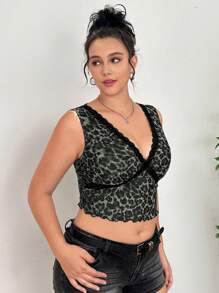 SHEIN EZwear 大码女式橄榄绿色蕾丝边透明背心 - 軍綠色 - 查看 4