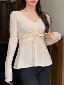 DAZY Damen Lässiges V-Ausschnitt Langarm Pullover Top mit Kordelzug und Rüschensaum, Frühling und Sommer, Herbstkleidung, Schulkleidung