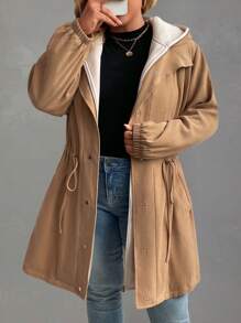 SHEIN LUNE 大码女式冬季纯色长袖二合一保暖内衬腰部抽绳连帽夹克冬季服装 - 卡其色 - 查看 4