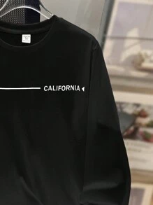 SHEIN Teen Boys' Casual Comfortable Long Sleeve English Letter Print Round Neck T-Shirt, All-Match And Versatile, Fall, Winter, Black