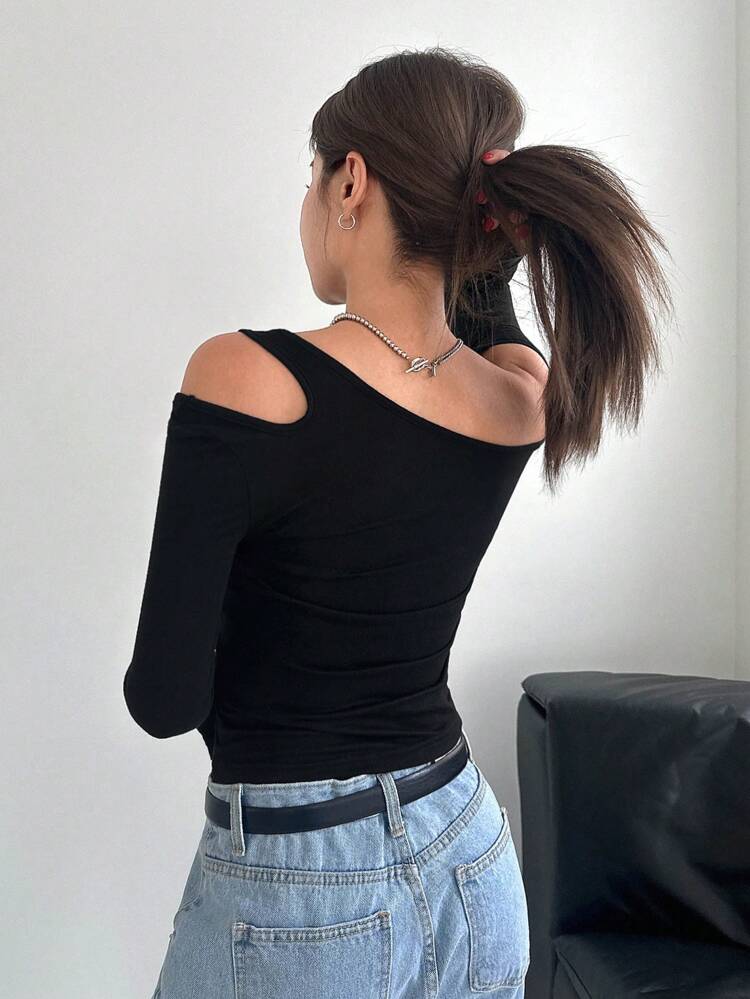 Women Casual Solid Color Asymmetric Collar T-Shirt, Spring And Autumn,Back To School Clothes Long Sleeve Women Tops