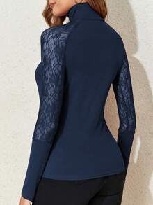 女士纯色蕾丝撞色高领长袖 T 恤，春夏