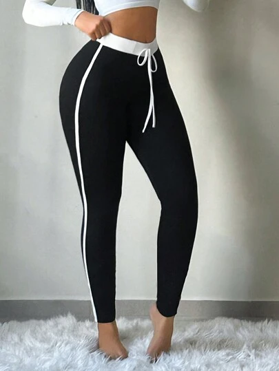 SHEIN SXY 女款弹力休闲黑白拼布长款紧身裤，秋冬季款