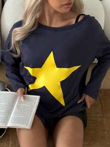 Aloruh Women's Loose Fit Asymmetric Neck Navy Blue Star Print Casual Long Sleeve T-Shirt - Navy Blue - View 2