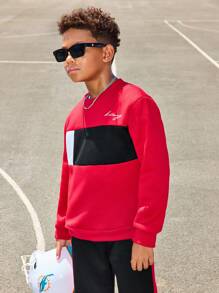 2pcs Tween Boys Sporty Color Block Sweatshirt & Sweatpants Set - Red - View 3