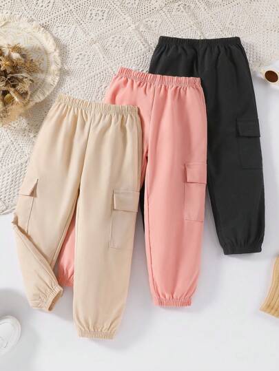 SHEIN 3st/set Ung flicka Casual Svart, Aprikos, Rosa Dragsko Cargo Pocket Byxor, Vår & Höst