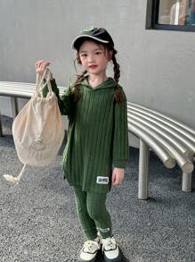 SHEIN Conjunto de 6 piezas para niña pequeña con vestido con capucha y leggings/pantalones, combinación de verde, rosa y morado, tela suave de felpa, ropa casual para uso diario y en casa para otoño/invierno - Morado - Ver 4