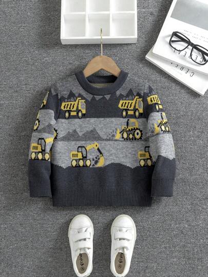 SHEIN 小男孩卡通推土机图案圆领长袖毛衣，秋冬时尚，适合居家、旅行、学校、聚会等各种场合，也可作为送给小男孩的礼物