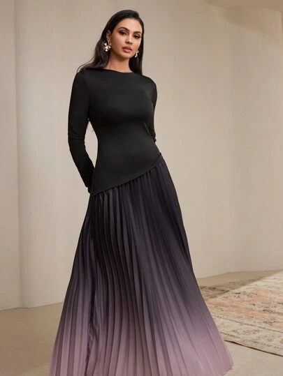 Veilorie 女士圆领长袖渐变色拼接休闲长款阿拉伯朴素连衣裙