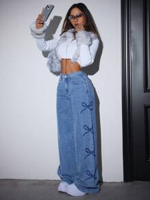 SHEIN PETITE PETITE Women's Casual Loose Fit Jeans With Bow Detail - Medium Wash - View 4