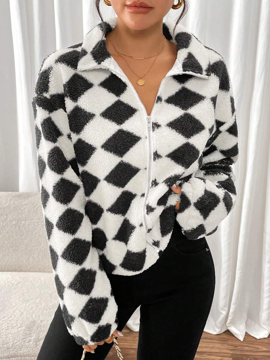 SHEIN LUNE Women's Casual Commuting Chic Black & White Rhombus Fluffy Regular Jacket Coat Fall Cloth For Women - Multicolor - View 1