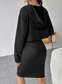 SHEIN 2 piezas Conjunto de ropa de embarazo para mujeres con sudadera con capucha con cremallera y vestido largo ajustado - Negro - Ver 2