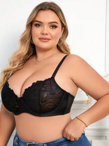 1 件大码优雅黑色蕾丝钢圈文胸、内衣 - 黑色 - 查看 4