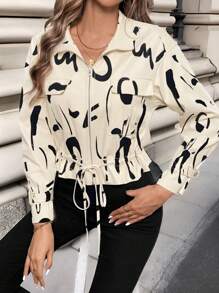 Chiquease Spring & Autumn Random Print Drawstring Waist Casual Bomber Jacket - Apricot - View 3