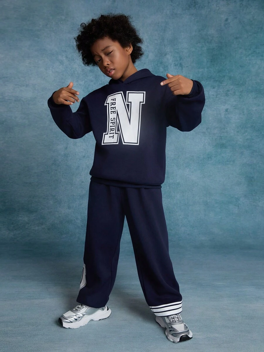 SHEIN Bộ 2 quần nỉ in chữ trơn màu cho bé trai tuổi mới lớn và quần nỉ thường ngày - Màu xanh hải quân - Xem 1