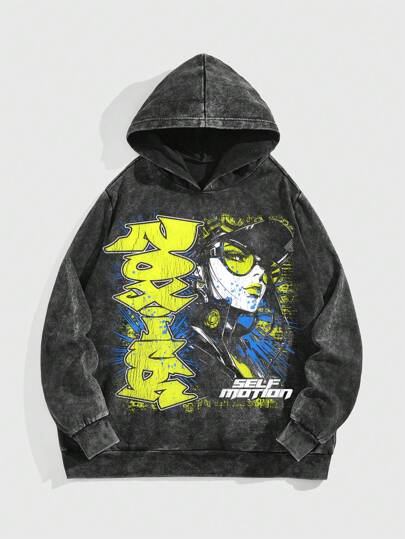 Street Life Herren Kapuzenpullover mit Buchstaben- und Cartoon Muster, Langarm