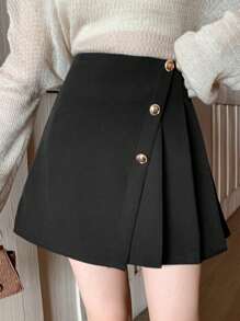 DAZY 纯色不对称褶裥前襟纽扣优雅黑色半身裙，女士秋冬服装半身裙 - 黑色 - 查看 3