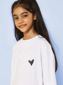 SUMWON Tween Girls Oversized Fit Tee With Heart & Back Graphic Print