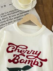 SHEIN Explorewe Tween Girl Cute Cherry Pattern Knitted Sweater, Children Autumn Casual Crew Neck Long Sleeve Pullover - Apricot - View 3