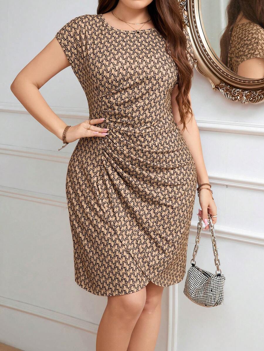 SHEIN Clasi Plus Size Printed Asymmetrical Hem With Gathered Waist Design Dress Holiday Outfit Holiday Party Dress Plus - Khaki - View 1