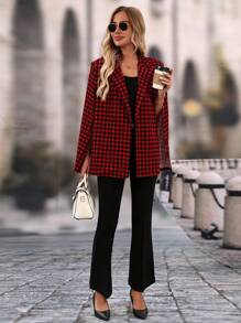 SHEIN Clasi Women's Fashion Versatile Red Houndstooth Print Notched Collar Split Sleeve Blazer Jacket For Autumn Winter Fall Women Outfits - Multicolor - View 8