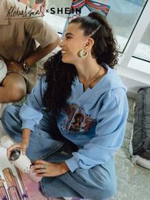 Seusyu Women's Letter Print Hoodie, Loose Fit Street Style Sweatshirt, Casual Comfy Pullover Top Fall - Baby Blue - View 8