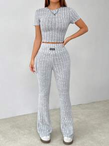 SHEIN PETITE 纯色针织拼布休闲两件套适合秋冬季 - 灰色 - 查看 6