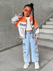 SHEIN Explorewe Áo khoác hoodie oversized thời trang dạo phố thường ngày cho bé gái, thiết kế in chữ Colorblock, mùa thu - trái cam - Xem 7