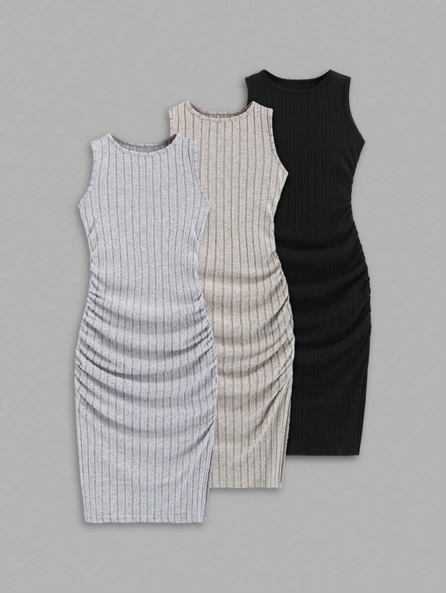 SHEIN Unity 女士褶皱紧身无袖圆领连衣裙 - 彩色 - 查看 1