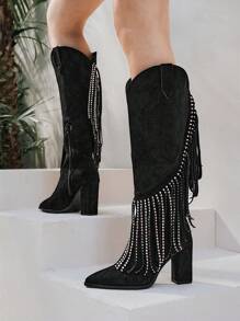 Styleloop Women's Rhinestone Fringe Cowboy Boots, Black, Winter Fall - Black - View 5