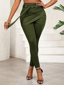 SHEIN Lady Conjunto de falda midi con abertura y leggings de parches con enlaces circulares para mujer - Verde militar - Ver 7