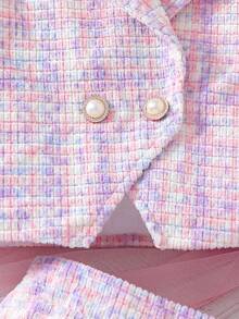 SHEIN 青少年女孩时尚法式优雅全印花双排扣长袖夹克和裙子两件套 - 粉色 - 查看 6