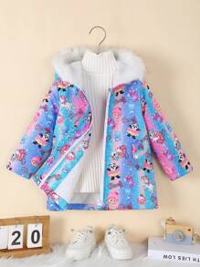 SHEIN Girls Casual Fashion Hooded Fur Collar Long Sleeve Mid-Length Loose Cartoon Gradient Print Thickened Warm Autumn Winter Jacket