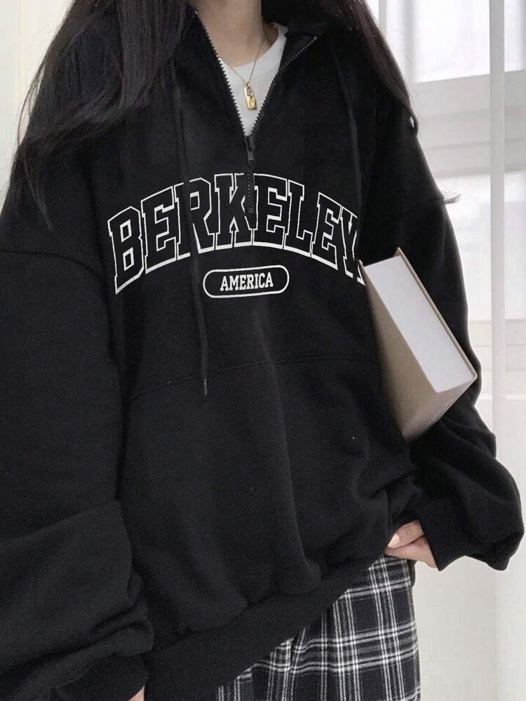 Women's Letter Print Zipper Partial-Placket Hooded Fleece Sweatshirt,Fall Clothes,Thermal Lined